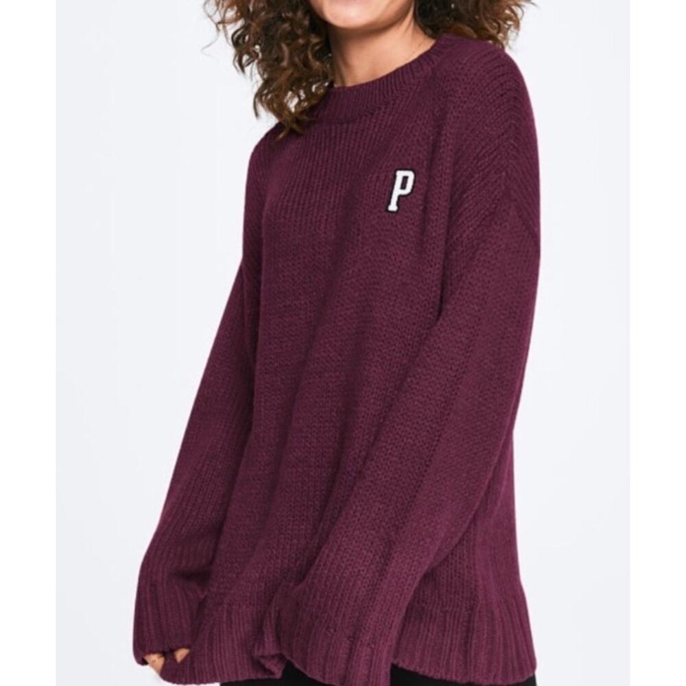 Victoria's Secret PINK Maroon Crew Neck Logo Sweater Sz S Preppy School Fall